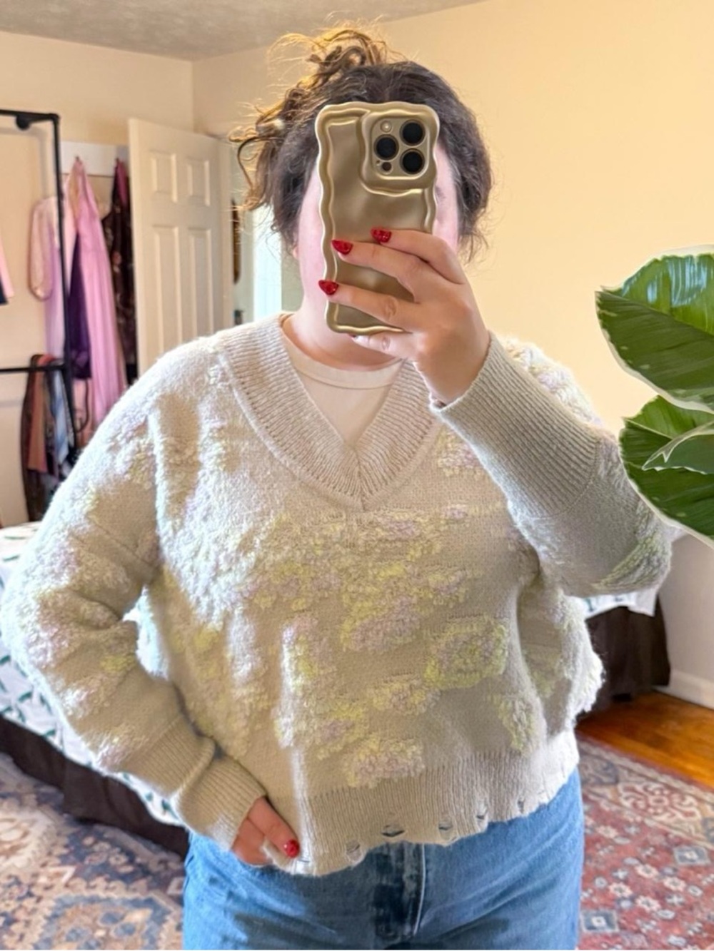 Anthropologie gray floral textured sweater